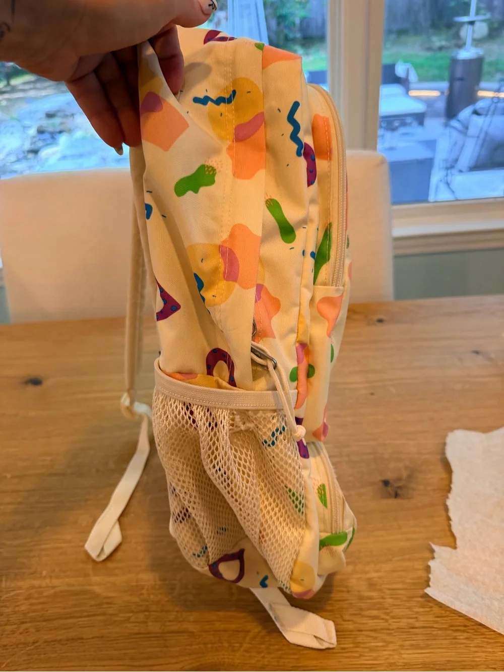 Jansport Cream Backpack with Pastel Pink, Purple & Green Shapes